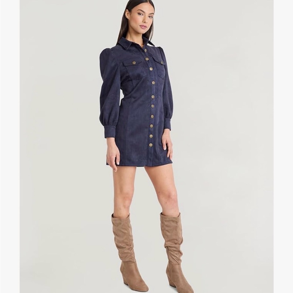 NWOT The Good Journey Women’s Faux Suede Navy Button-Front Mini Shirt Dress - Picture 2 of 3
